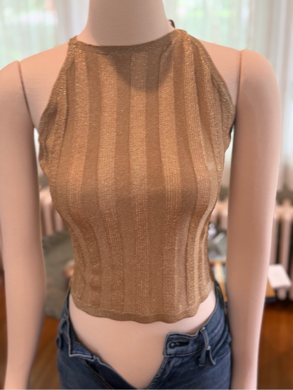 Metallic Gold Ribbed Halter Crop Top